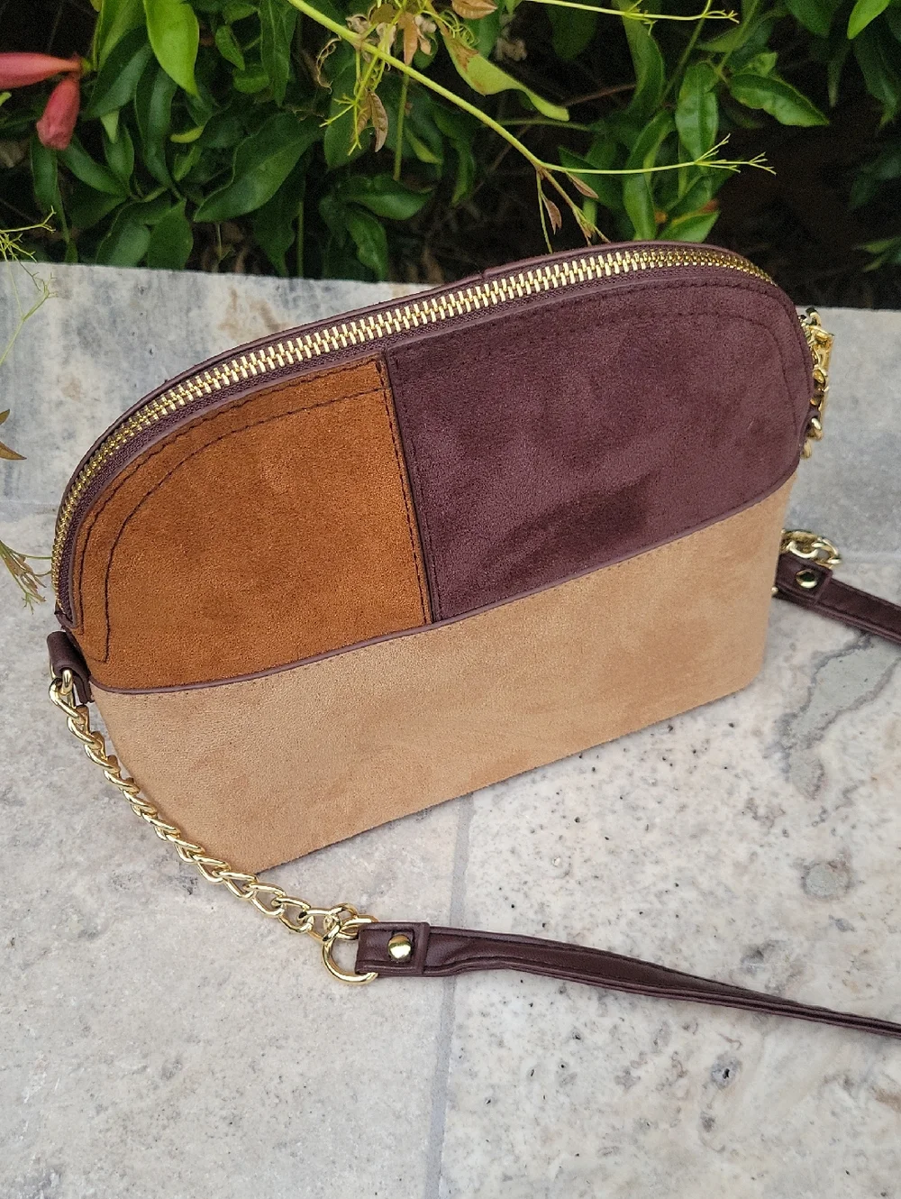 Brown and Tan Patchwork Crossbody Bag With Chain Detail Strap